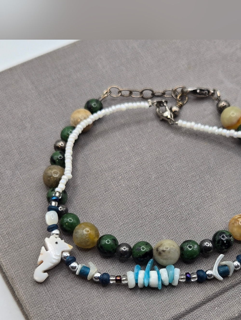 vintage seahorse shell charm agate beachy bracelets 8.5-9" SET